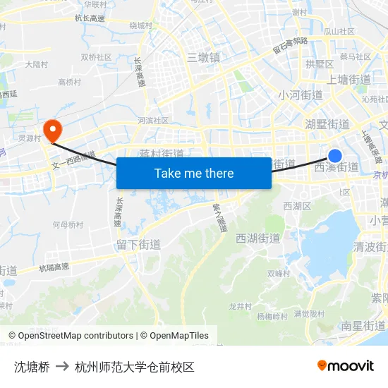 沈塘桥 to 杭州师范大学仓前校区 map
