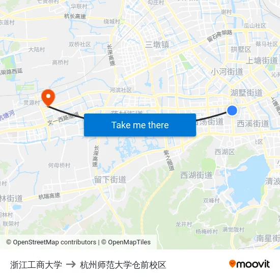 浙江工商大学 to 杭州师范大学仓前校区 map