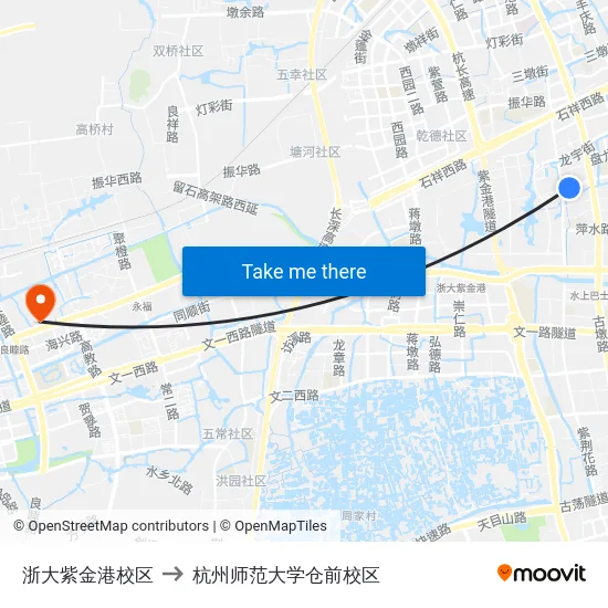浙大紫金港校区 to 杭州师范大学仓前校区 map