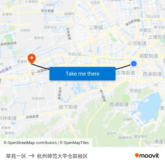 翠苑一区 to 杭州师范大学仓前校区 map