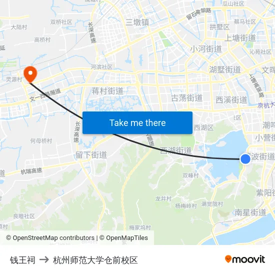 钱王祠 to 杭州师范大学仓前校区 map
