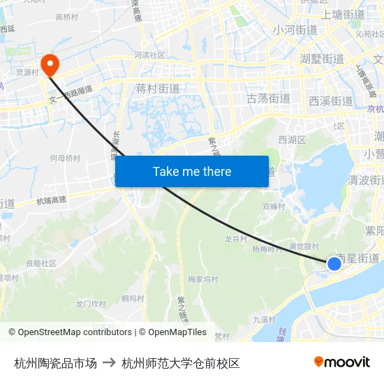 杭州陶瓷品市场 to 杭州师范大学仓前校区 map