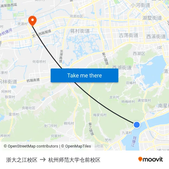 浙大之江校区 to 杭州师范大学仓前校区 map