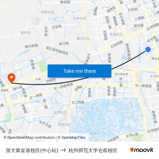 浙大紫金港校区(中心站) to 杭州师范大学仓前校区 map
