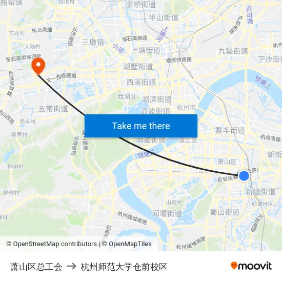 萧山区总工会 to 杭州师范大学仓前校区 map
