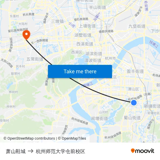 萧山鞋城 to 杭州师范大学仓前校区 map
