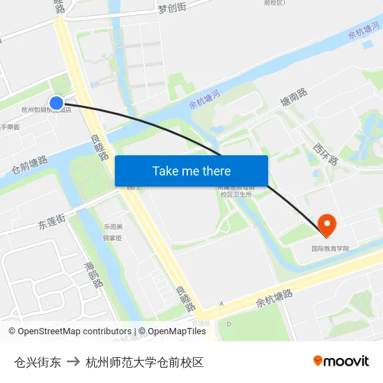 仓兴街东 to 杭州师范大学仓前校区 map