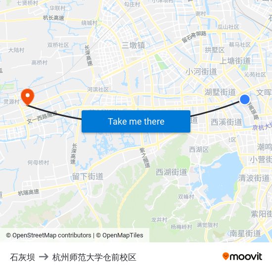 石灰坝 to 杭州师范大学仓前校区 map