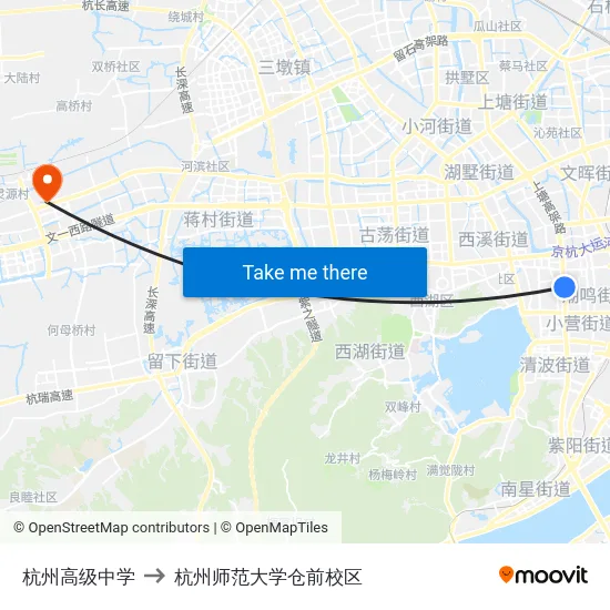 杭州高级中学 to 杭州师范大学仓前校区 map