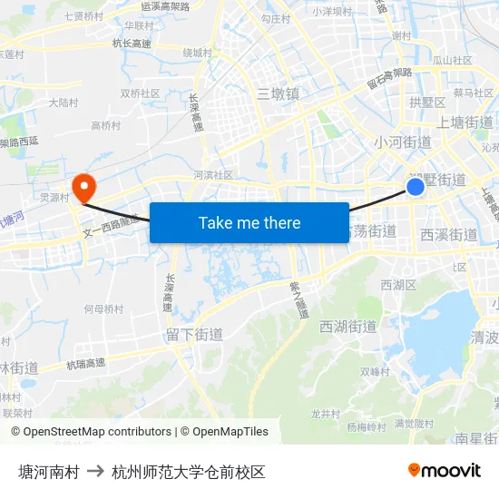 塘河南村 to 杭州师范大学仓前校区 map