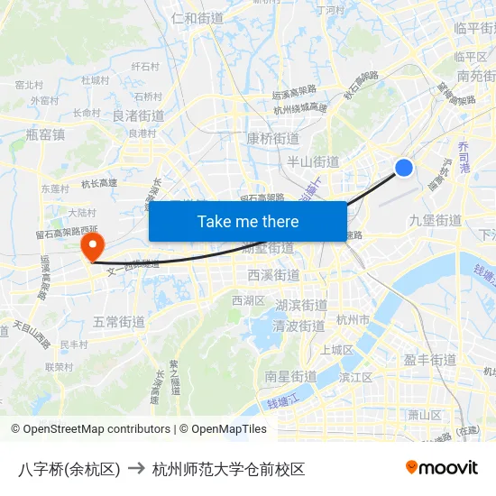 八字桥(余杭区) to 杭州师范大学仓前校区 map