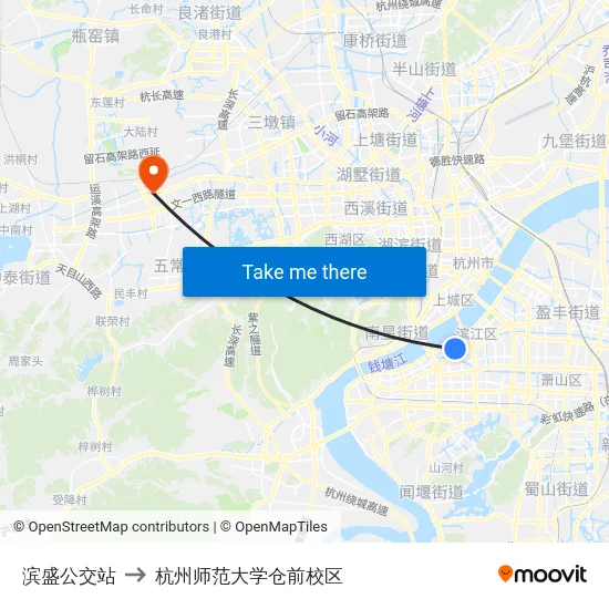 滨盛公交站 to 杭州师范大学仓前校区 map
