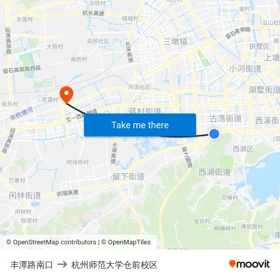 丰潭路南口 to 杭州师范大学仓前校区 map