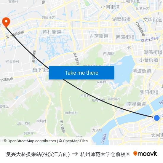 复兴大桥换乘站(往滨江方向) to 杭州师范大学仓前校区 map