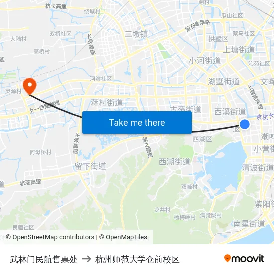 武林门民航售票处 to 杭州师范大学仓前校区 map