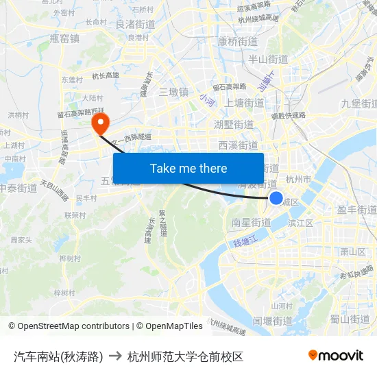 汽车南站(秋涛路) to 杭州师范大学仓前校区 map