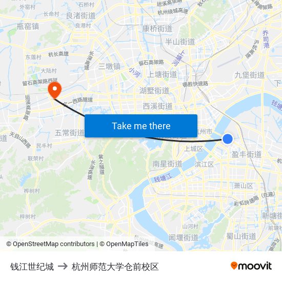 钱江世纪城 to 杭州师范大学仓前校区 map