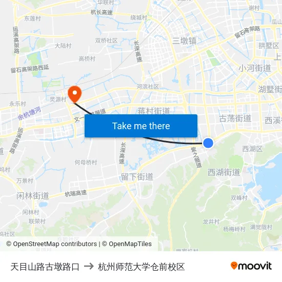 天目山路古墩路口 to 杭州师范大学仓前校区 map