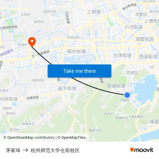 茅家埠 to 杭州师范大学仓前校区 map