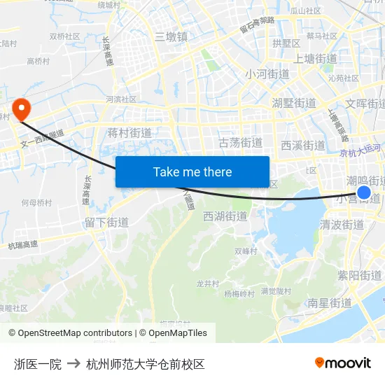 浙医一院 to 杭州师范大学仓前校区 map