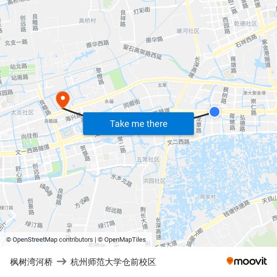 枫树湾河桥 to 杭州师范大学仓前校区 map