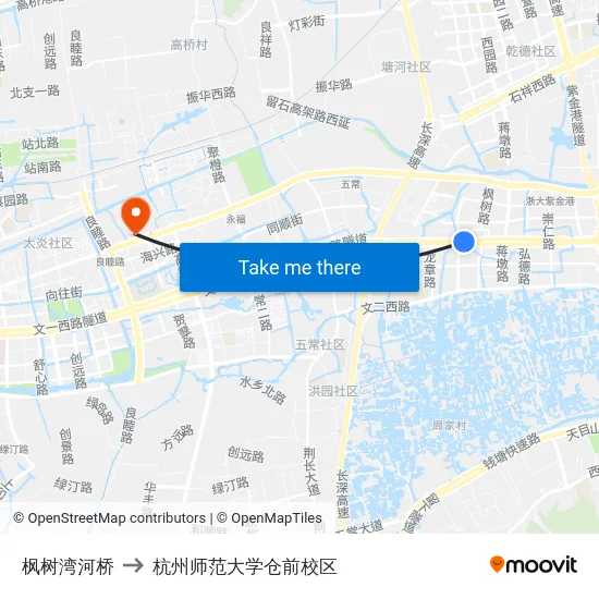 枫树湾河桥 to 杭州师范大学仓前校区 map