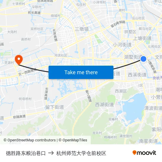 德胜路东粮泊巷口 to 杭州师范大学仓前校区 map