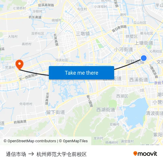 通信市场 to 杭州师范大学仓前校区 map