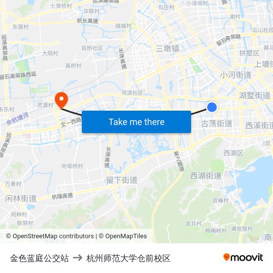 金色蓝庭公交站 to 杭州师范大学仓前校区 map