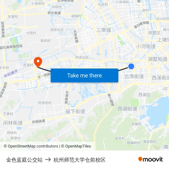 金色蓝庭公交站 to 杭州师范大学仓前校区 map
