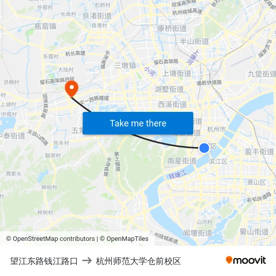 望江东路钱江路口 to 杭州师范大学仓前校区 map