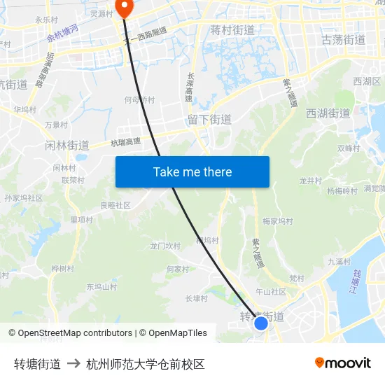转塘街道 to 杭州师范大学仓前校区 map