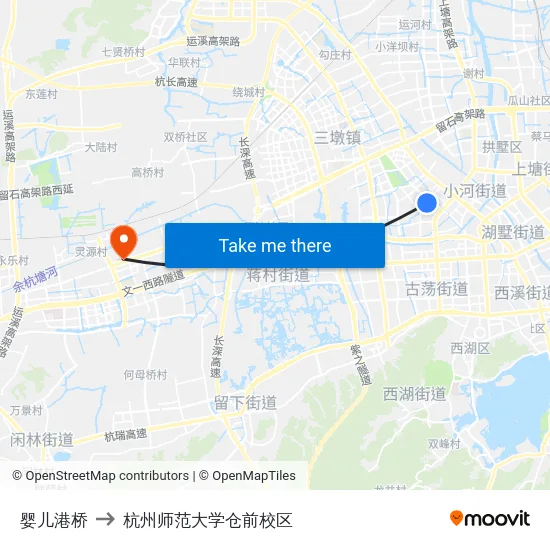 婴儿港桥 to 杭州师范大学仓前校区 map