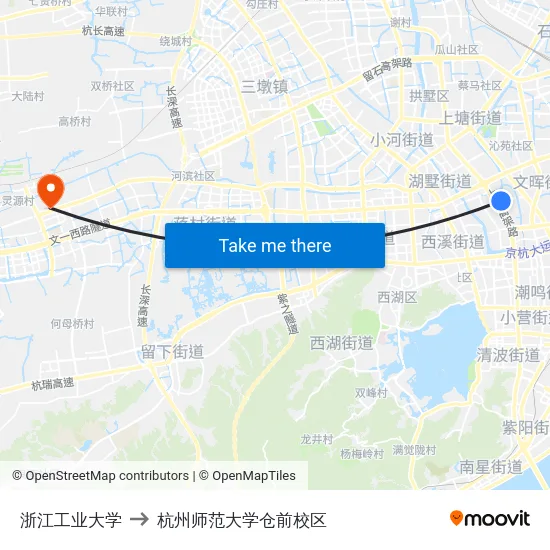 浙江工业大学 to 杭州师范大学仓前校区 map