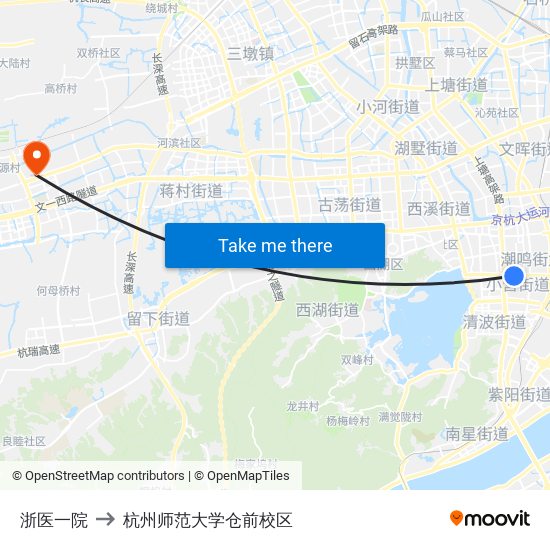 浙医一院 to 杭州师范大学仓前校区 map