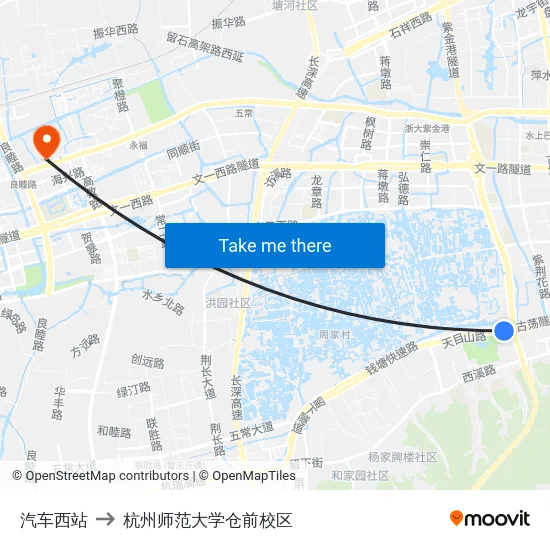 汽车西站 to 杭州师范大学仓前校区 map