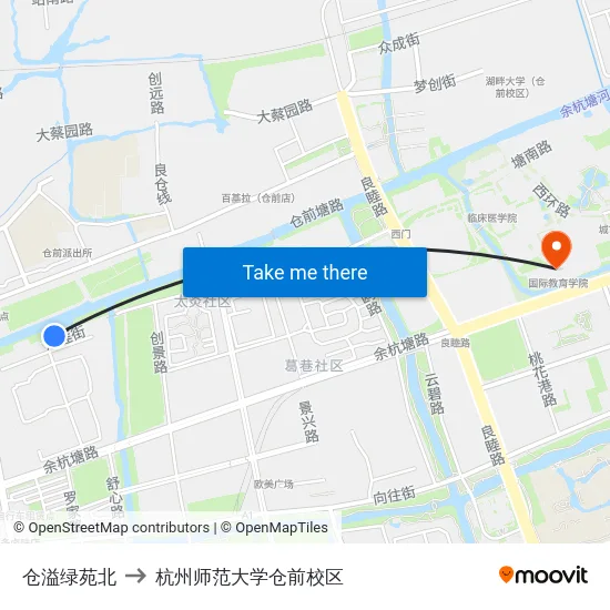 仓溢绿苑北 to 杭州师范大学仓前校区 map