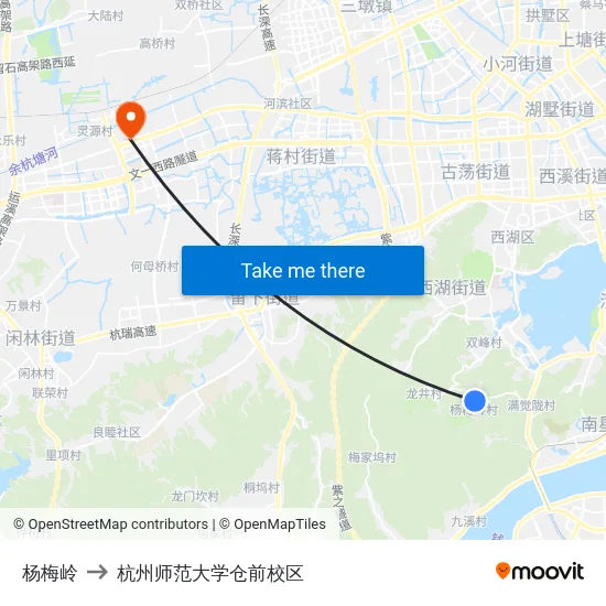杨梅岭 to 杭州师范大学仓前校区 map