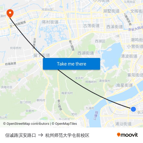 信诚路滨安路口 to 杭州师范大学仓前校区 map