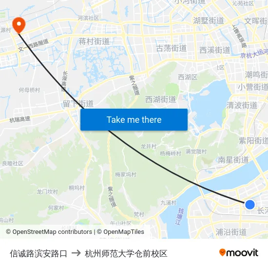 信诚路滨安路口 to 杭州师范大学仓前校区 map