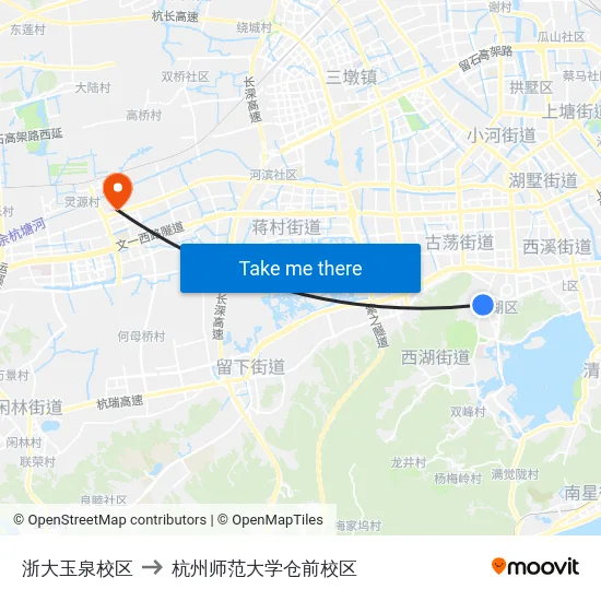 浙大玉泉校区 to 杭州师范大学仓前校区 map
