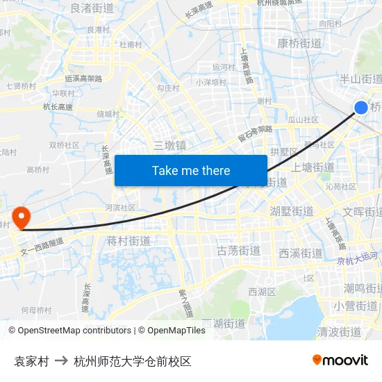 袁家村 to 杭州师范大学仓前校区 map