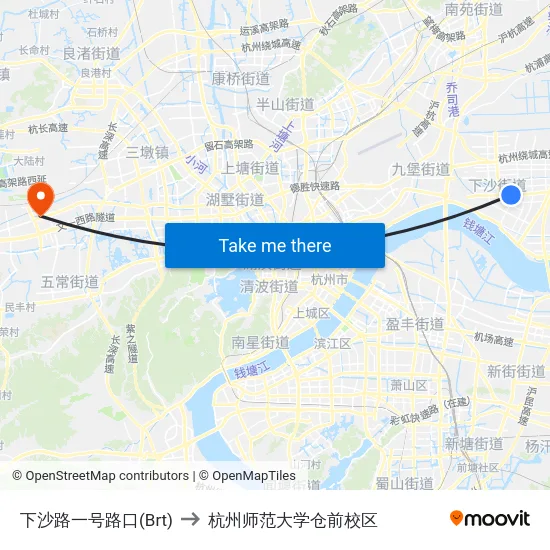 下沙路一号路口(Brt) to 杭州师范大学仓前校区 map