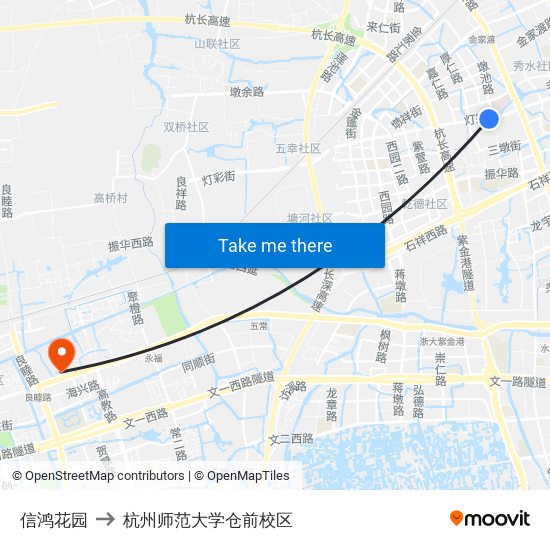 信鸿花园 to 杭州师范大学仓前校区 map