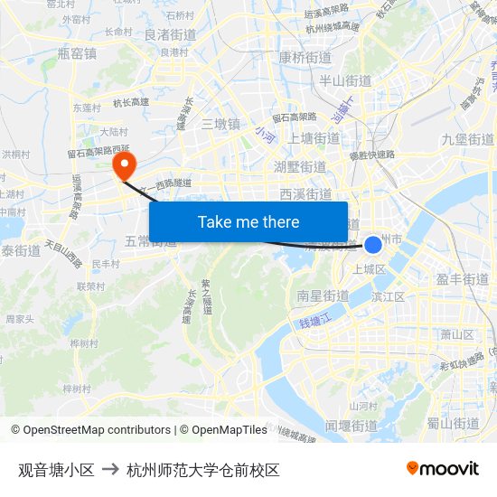 观音塘小区 to 杭州师范大学仓前校区 map