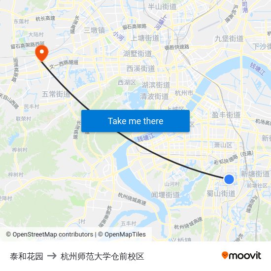 泰和花园 to 杭州师范大学仓前校区 map