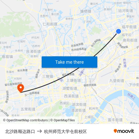 北沙路顺达路口 to 杭州师范大学仓前校区 map