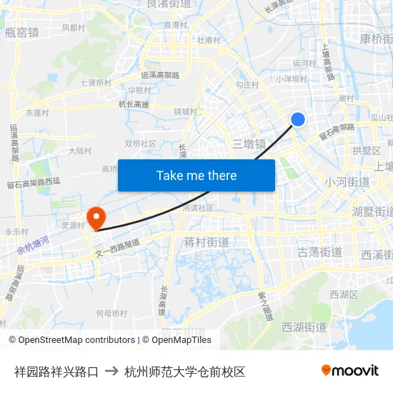 祥园路祥兴路口 to 杭州师范大学仓前校区 map
