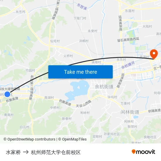水家桥 to 杭州师范大学仓前校区 map