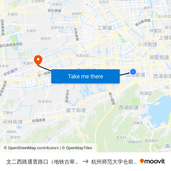 文二西路通普路口（地铁古翠路站） to 杭州师范大学仓前校区 map